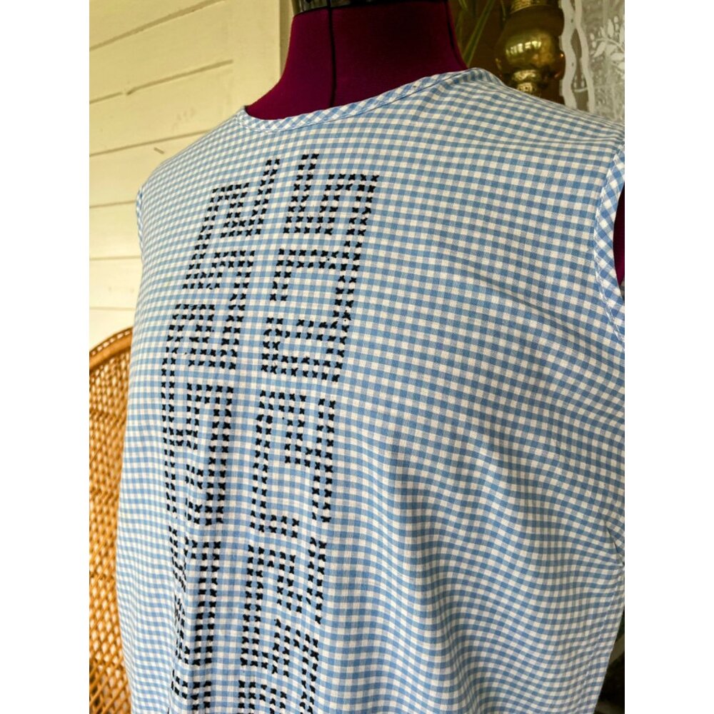 Vintage 1960s Blue White Gingham Checked Embroidered Cotton House Dress L/M - Picture 8 of 16